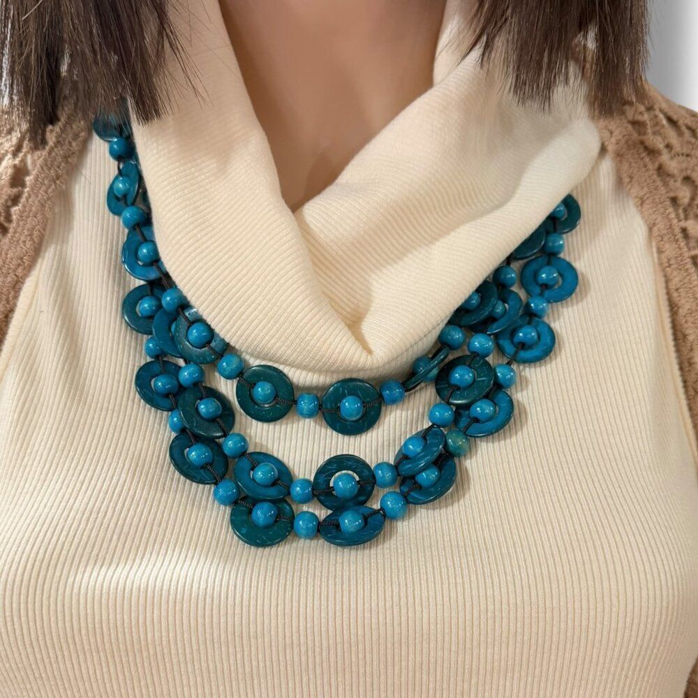 Blue Multilayer Strand Wood Statement Necklace -NEW